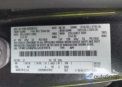 2020 Ford Escape Se Sport Hybrid z USA, uszkodzony, nr VIN 1FMCU9BZ0LUC01973